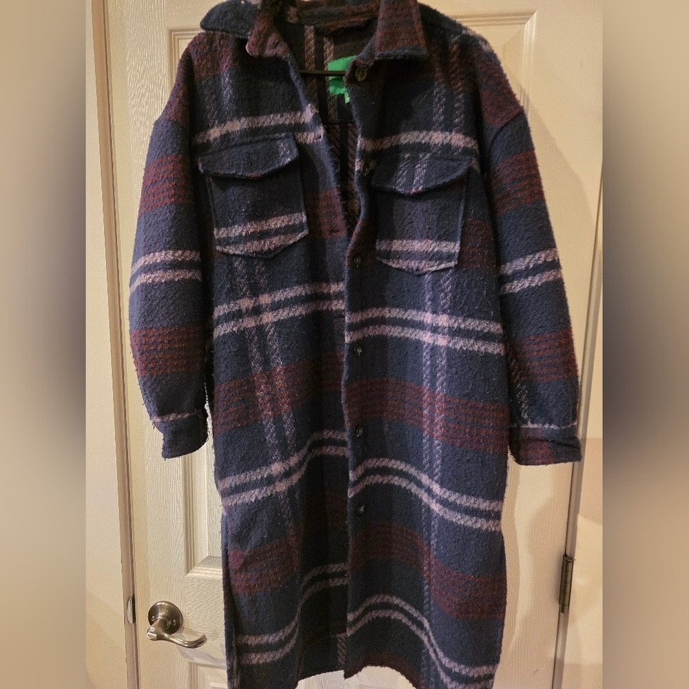Plaid Long Coat with Pockets Oversized